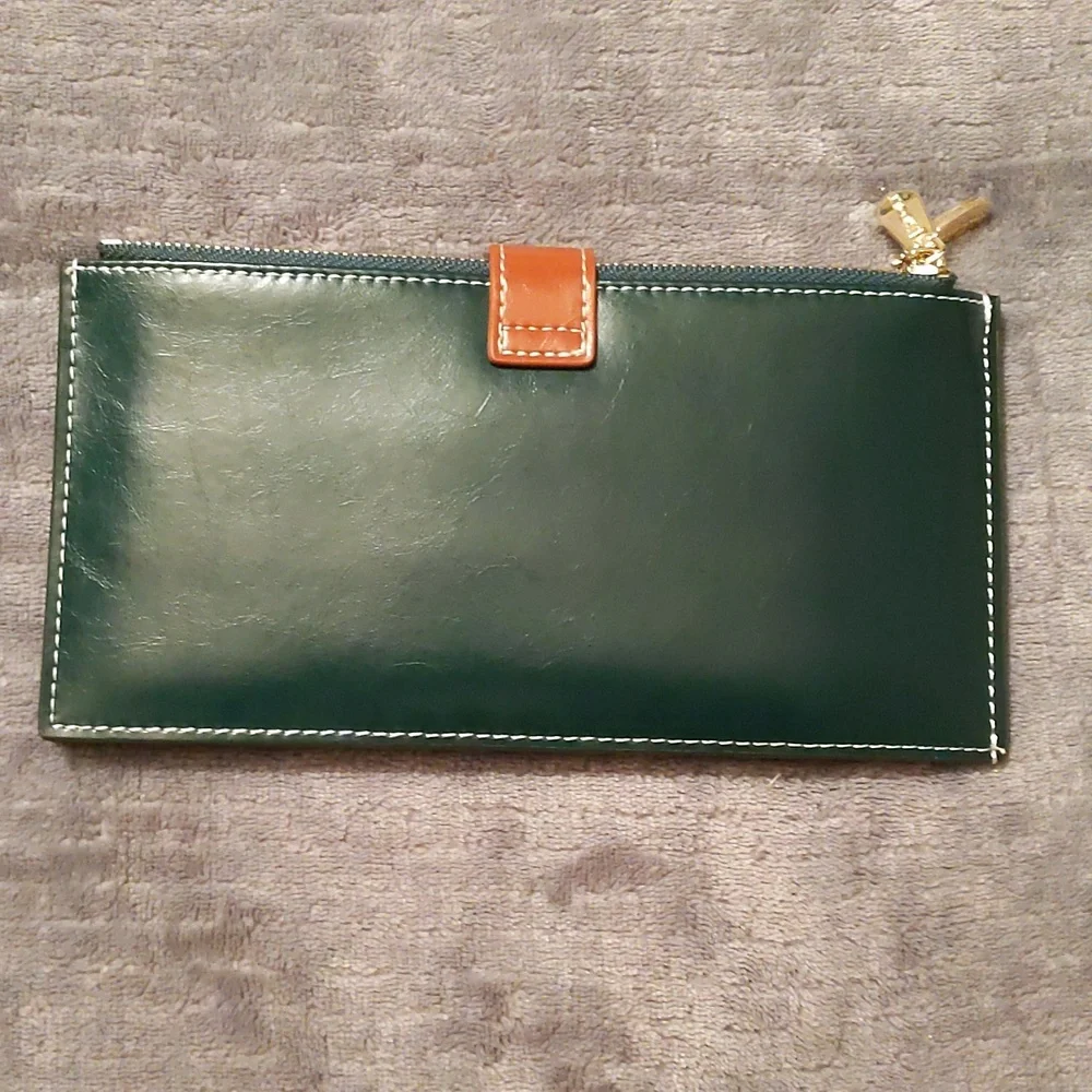 NWOT Andoilt Leather RFID block Long Wallet in Green & Brown with Gold Hardware - Picture 2 of 11